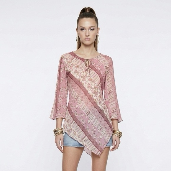 Fashion Bug Tops - Vintage Pink Floral Asymmetric Sheer Tunic Top Fairy Grunge Fashion Bug Size S